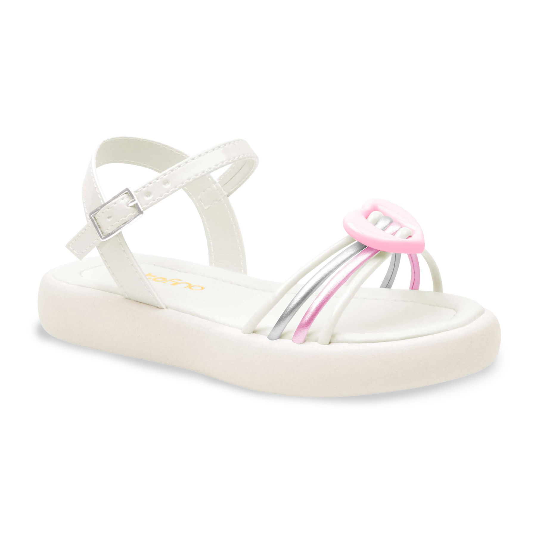 Sandália infantil Ortofino em verniz off white com detalhes rosa e prata, vista frontal